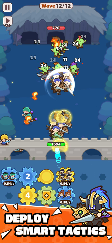 Gear Defenders - Captura de pantalla del juego móvil Gear Defenders mostrando caballeros defendiendo un puente contra goblins con mecánicas de engranajes tácticos.