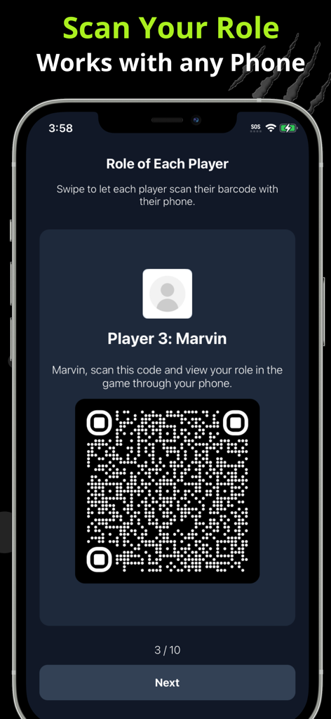 Werewolf Mafia 게임에서 플레이어 역할 할당을 위한 스마트폰 화면의 QR 코드