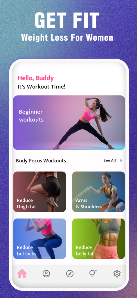 Weight Loss, Workout for Women - Pantalla de inicio de una aplicación de pérdida de peso para mujeres que muestra categorías de entrenamiento para principiantes y enfoque corporal