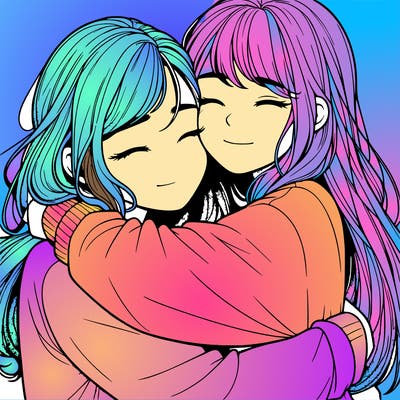 realistic two girls hugging