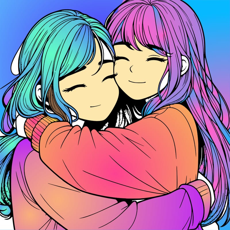 realistic two girls hugging