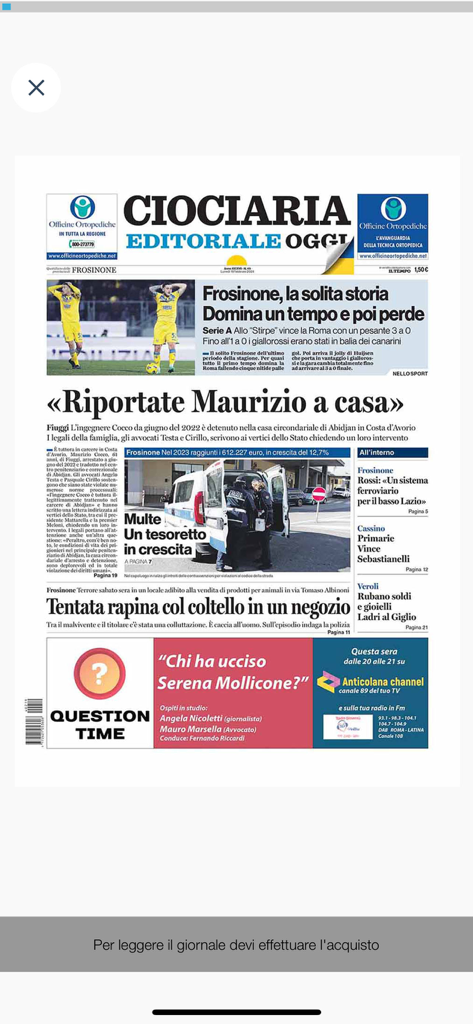 Portada de la edición digital del periódico Ciociaria Oggi.