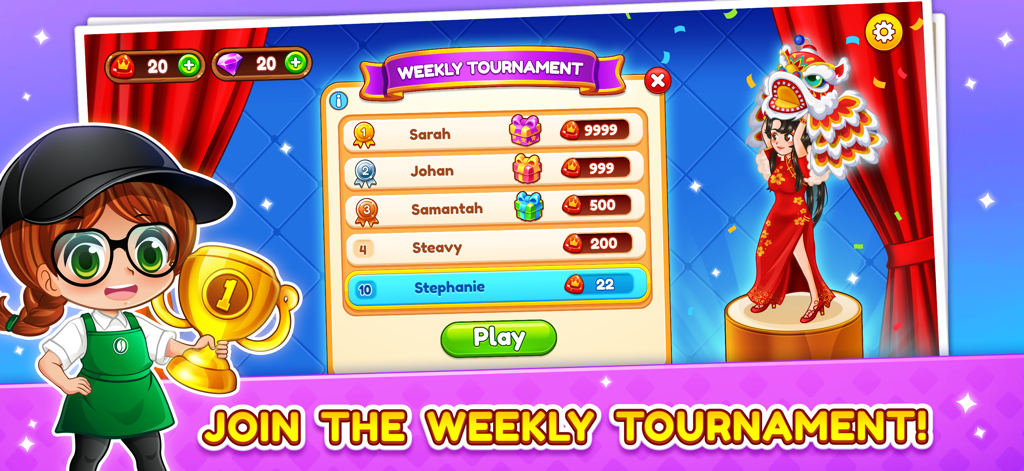 A girl character holding a gold trophy next to the weekly tournament leaderboard in Cafe Panic cooking game.