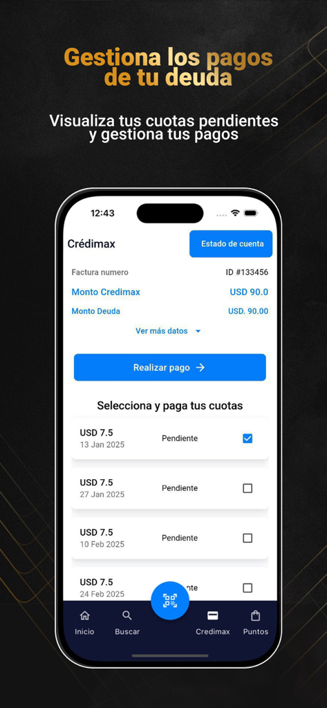 Mobile app screen showing Credimax credit payment management with a list of pending installments in US dollars.