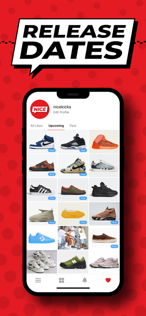 Jordan、Nike、Yeezyの今後のスニーカーリリース日と購入ボタンのグリッドを表示するNice Kicksアプリが搭載された携帯電話