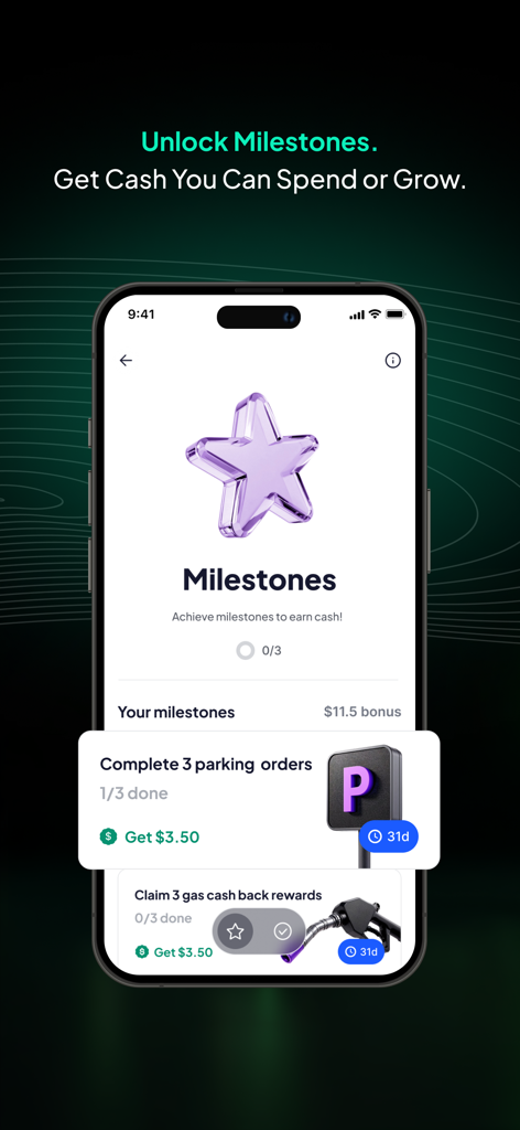 Way app screen showing milestone challenges to earn cash rewards for car services like parking and gas