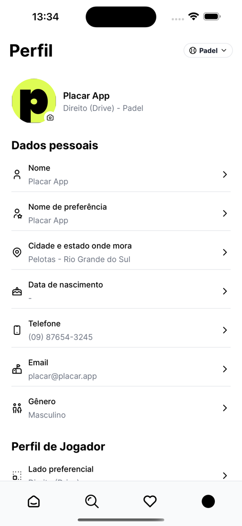 Placar.app - Tela de perfil de usuário no aplicativo Placar exibindo informações pessoais e detalhes do jogador para esportes como Padel