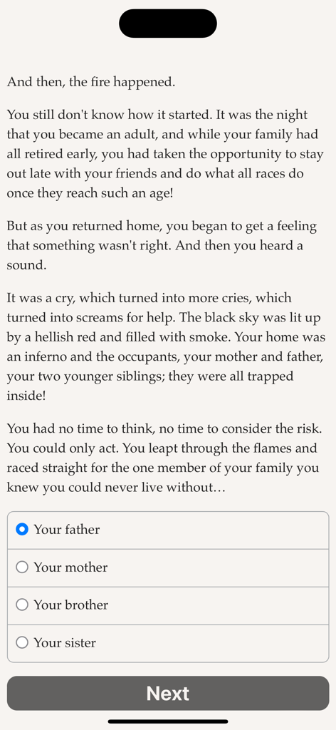 Text-based narrative screen from Evertree Inn showing a story about a fire and multiple-choice options for player decisions.