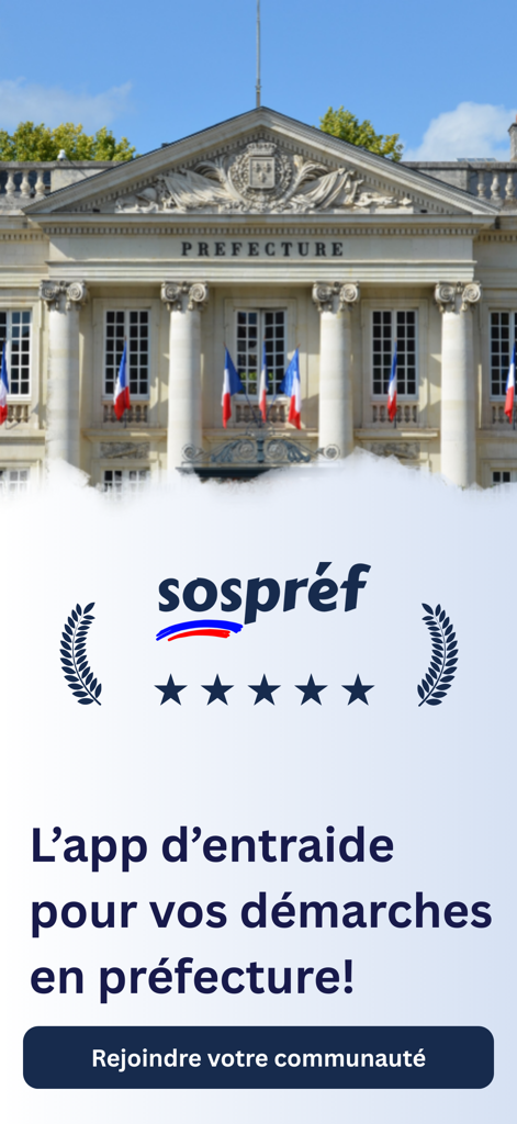 Sospréf: démarches préfecture - Pantalla de bienvenida de la aplicación Sospref con un edificio de la prefectura francesa y un botón para unirse a la comunidad.
