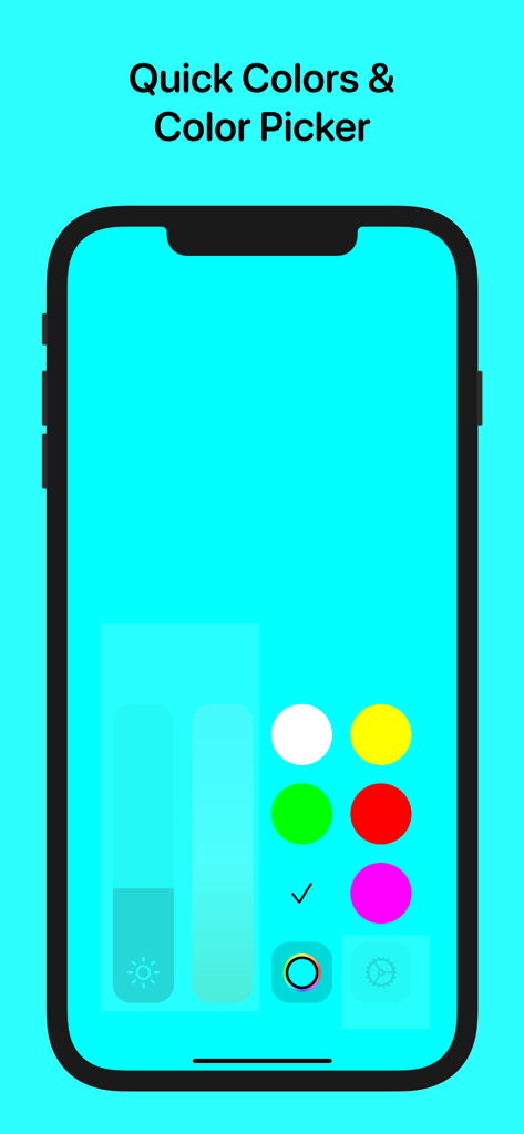 Interfaz de la aplicación Kelvin mostrando preajustes de selección de color rápida y un selector de color personalizado en una pantalla de panel de luz cian