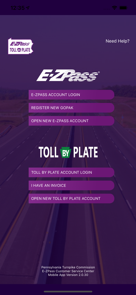 PA Toll Pay - Home screen of the PA Toll Pay app featuring E-ZPass and Toll By Plate login and registration options.