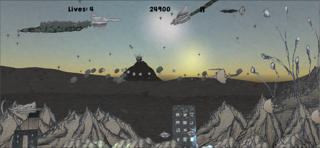 Paisaje de tinta dibujado a mano y jugabilidad de nave espacial en Weltraum Tinte