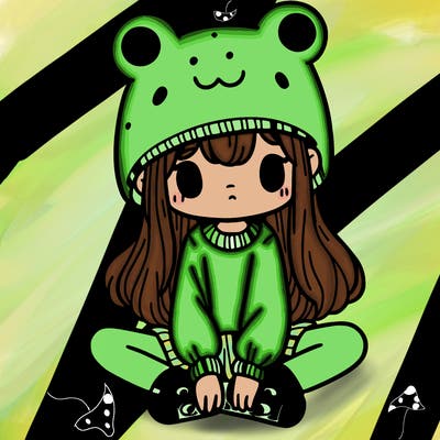 a girl wearing a frog hat and some frog socks