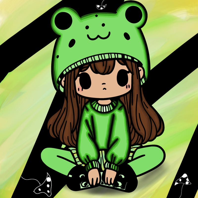 a girl wearing a frog hat and some frog socks