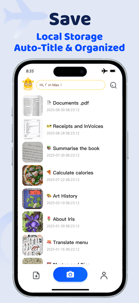 Scanner App: ScanMaster - ScanMaster app interface showing an organized list of scanned documents, receipts, and book summaries stored locally.