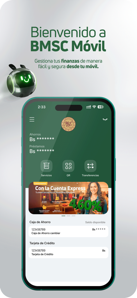 Interface of the BMSC Movil banking app showing account balances and quick access buttons for services QR and transfers