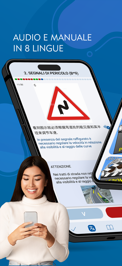 SIDA Quiz Patente app interface showing a driving license quiz translated into multiple languages