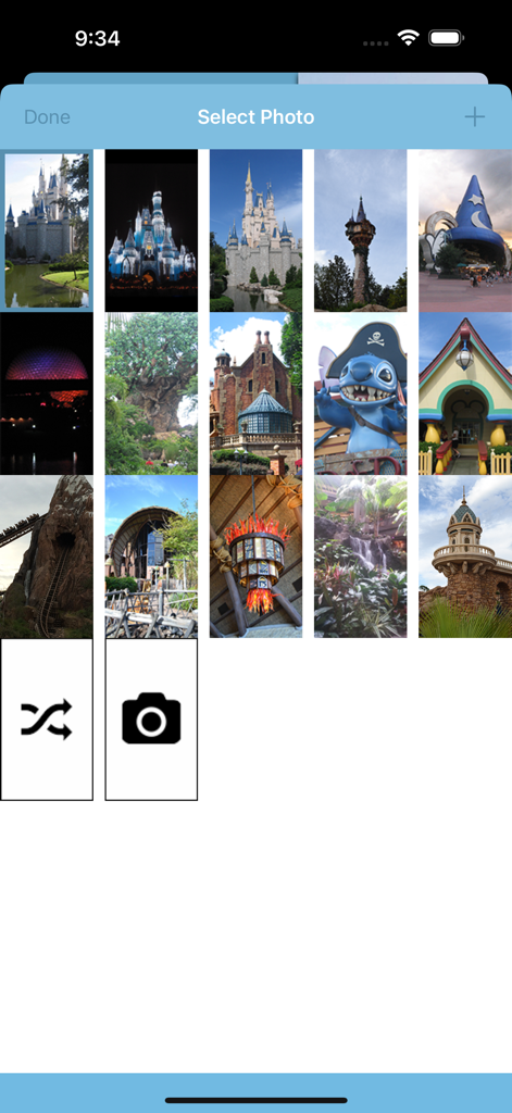 Countdown for Disney - Cuadrícula de puntos de referencia y personajes de los parques de Disney para elegir imágenes de fondo de la aplicación.