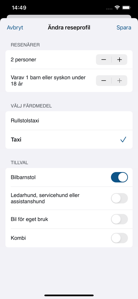 Interface of the Fardtjansten Stockholm app showing options to change travel profiles including passenger count and vehicle selection