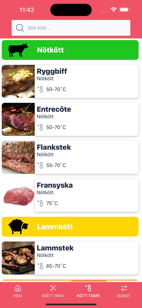 Screenshot of the Kitchen Companion app showing internal cooking temperatures for different cuts of beef and lamb