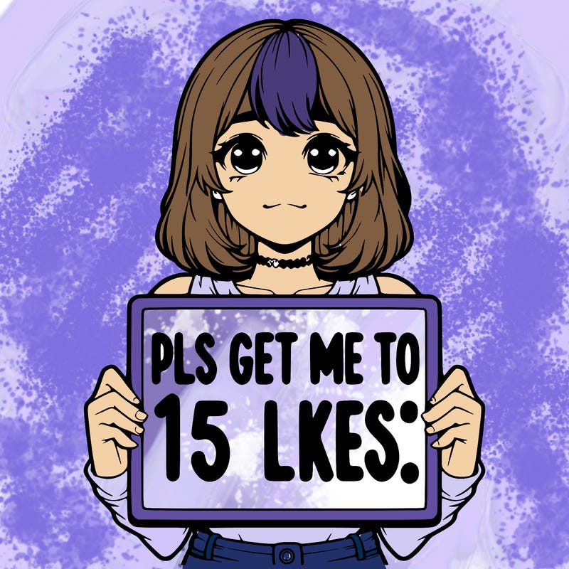 realistic girl holding up a sign that says “pls get me to 15 likes!”