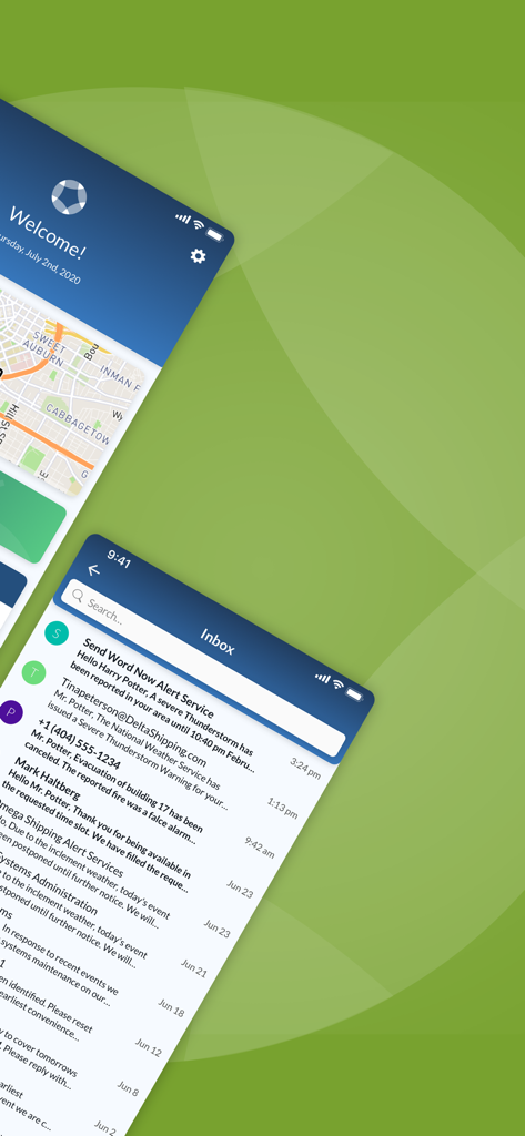 OnSolve - Application mobile OnSolve affichant un écran de carte de bienvenue et une boîte de réception remplie d'alertes critiques de sécurité et opérationnelles
