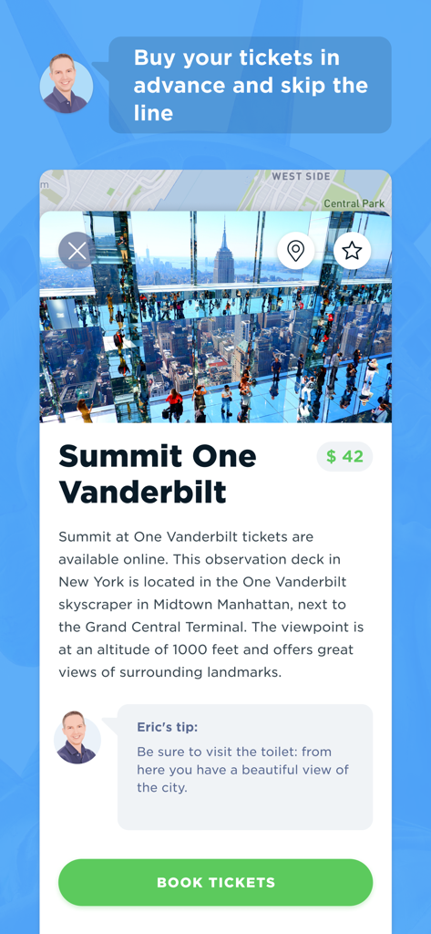 Mobile app screen for booking tickets to the Summit One Vanderbilt observation deck in New York City.