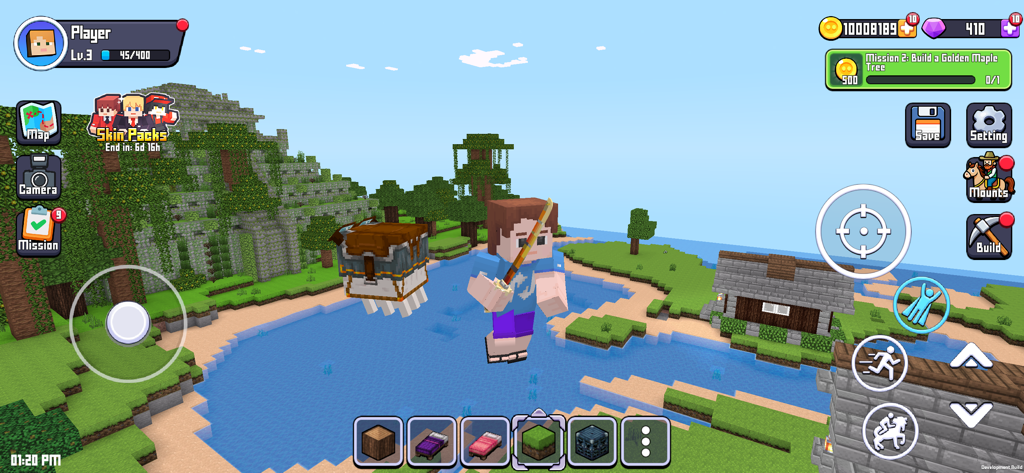 Character exploring a blocky 3D sandbox world with building and crafting elements