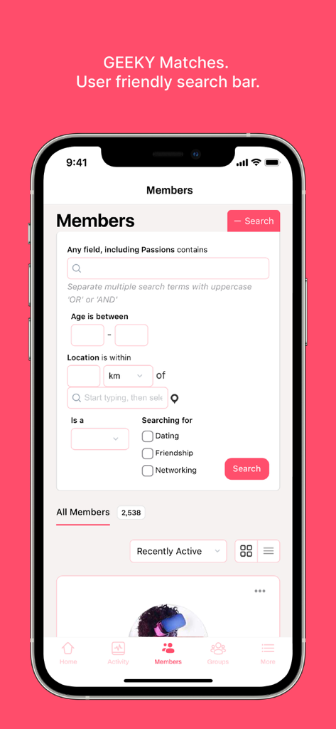 Geek Meet Club app search screen showing filters for age location and geeky interests