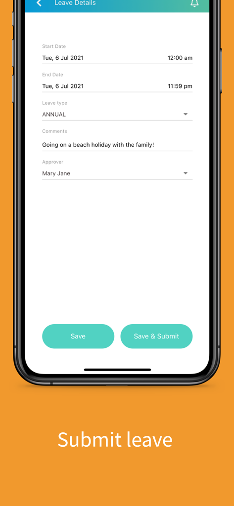 EmpLive app screen showing the leave request form with start and end dates and leave type