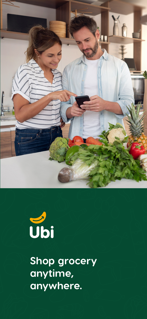 Ubi: Shop Different - A couple in a kitchen using the Ubi app on a smartphone next to fresh vegetables with the text Shop grocery anytime anywhere