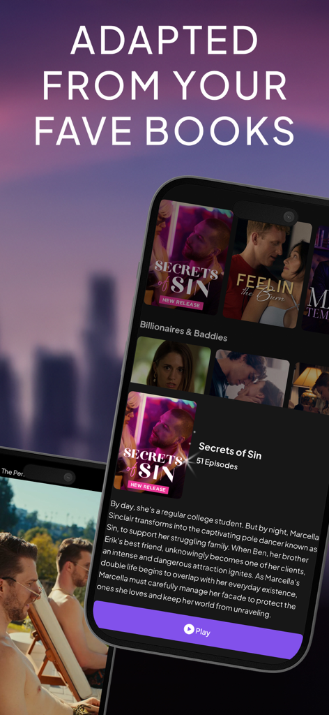 CandyJarTV - Drama & Shorts - Smartphone screen showing CandyJarTV app with a drama series titled Secrets of Sin adapted from popular books