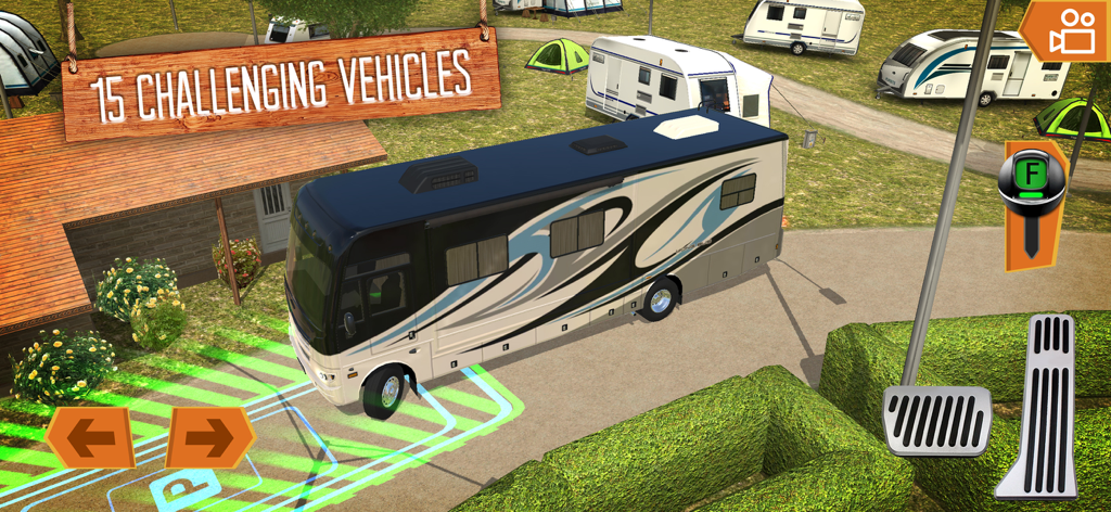 A large RV being parked in a designated spot at a summer campsite simulation