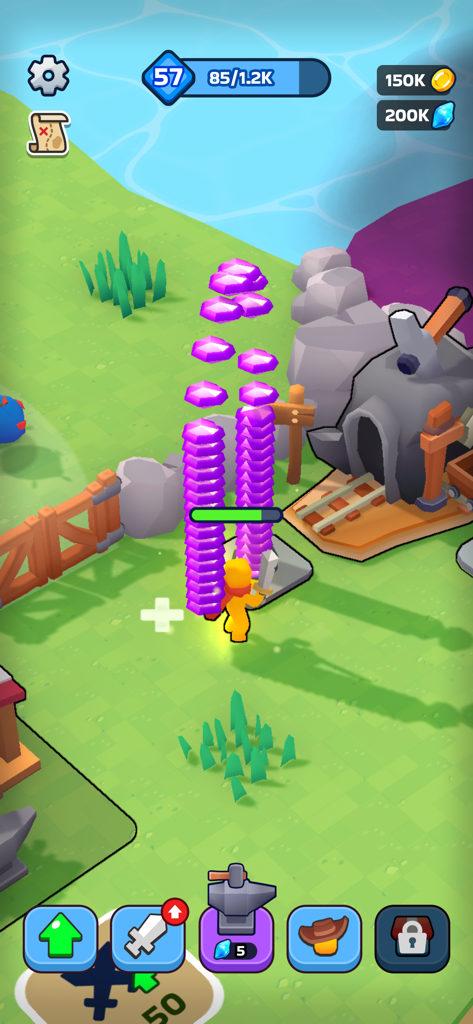 XP Hero - Un héros bonhomme bâton jaune collectant une grande pile de gemmes violettes près d'une mine dans le jeu mobile XP Hero.