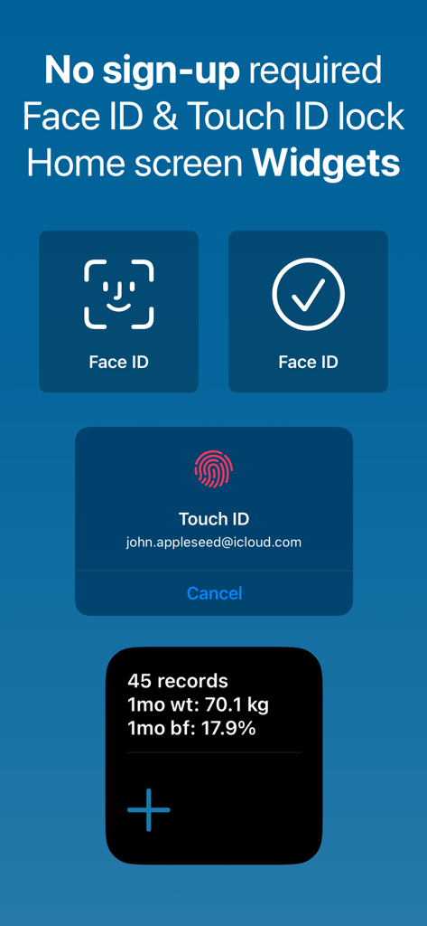 Weight BMI Fat Log Feeltracker - Captura de pantalla de la aplicación que muestra funciones de privacidad que incluyen bloqueo Face ID y Touch ID, además de widgets de seguimiento de peso en la pantalla de inicio.