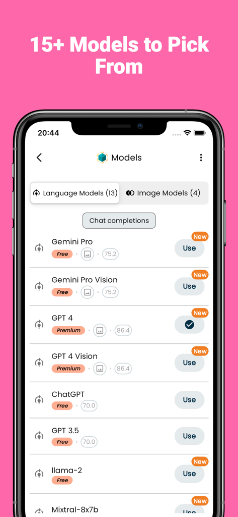 Aito AI: GPT & Gemini Chatbot - Interface of Aito AI app showing a list of available language models including Gemini Pro and GPT-4