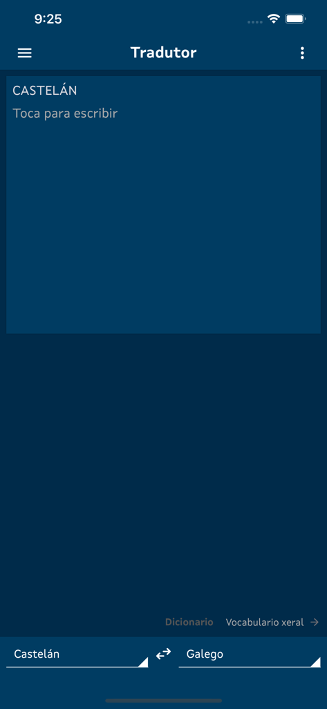 Pantalla de traducción de la app Tradutor Gaio para gallego a español