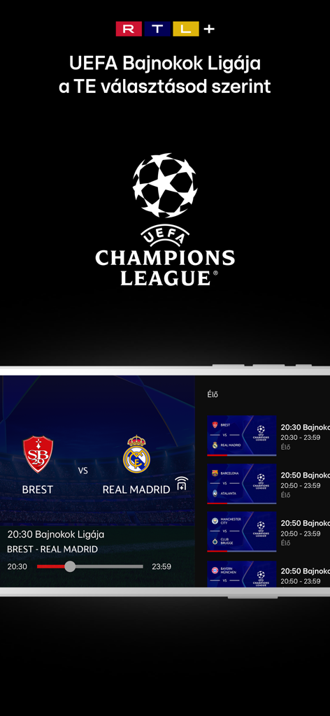 RTL+ Magyarország - Interfaz de la app RTL Plus mostrando la selección de partidos en vivo de la UEFA Champions League y los resultados de fútbol.