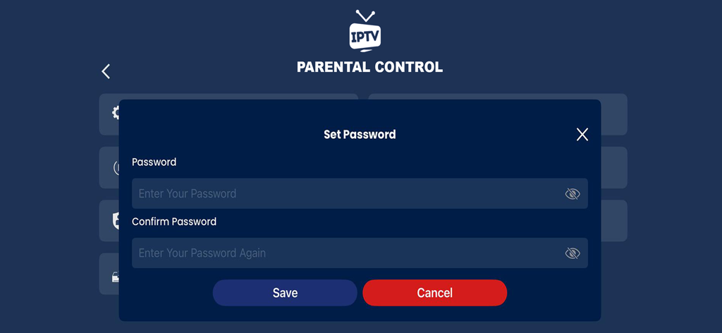 IPTV Smart Pro - Live TV - Bildschirm für die Einstellungen der Kindersicherung in der IPTV Smart Pro App mit Optionen zum Festlegen und Bestätigen eines Passworts