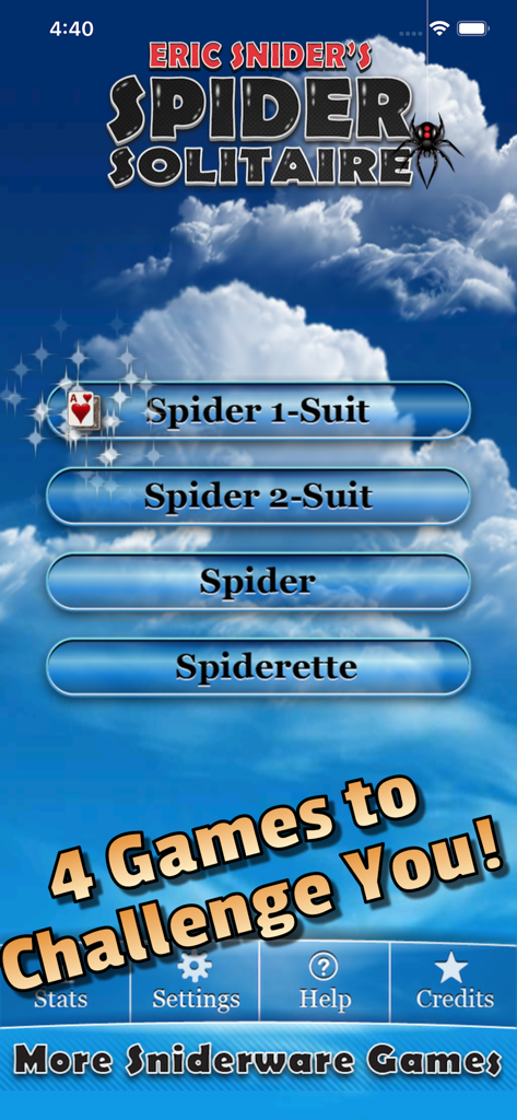 Eric's Spider Solitaire Lite - Menu principal de Erics Spider Solitaire Lite mostrando modos de jogo como Spider 1-Suit e Spiderette contra um fundo de céu nublado