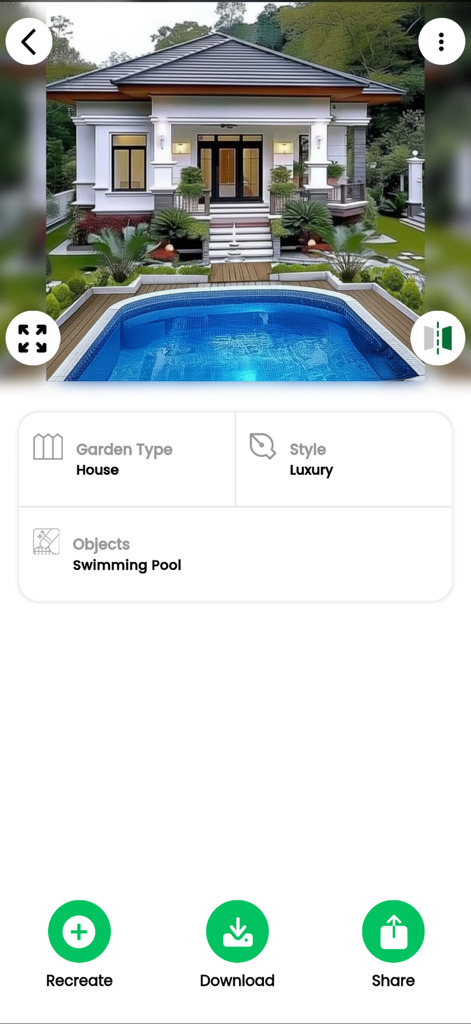 Landscape Design: My AI Garden - Landscape Design My AI Garden app interface showing a luxury house transformation with a swimming pool