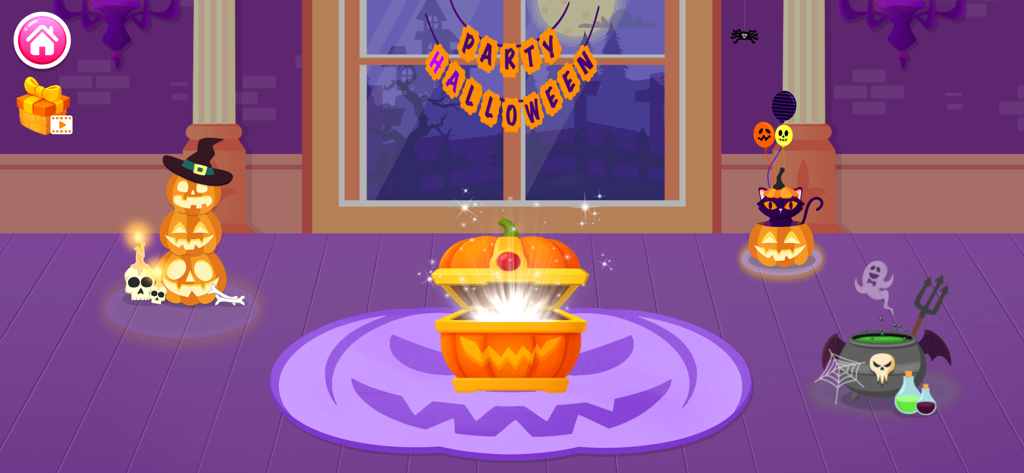 Lucy: Makeup and Dress up - Una sala de fiestas temática de Halloween con calabazas y un cofre del tesoro brillante