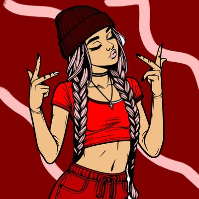 realistic teenage girl with braids and a beanie and crop top doing 🫶🏼