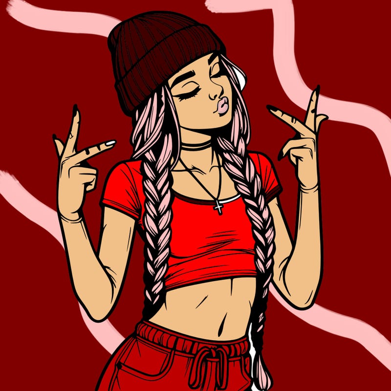 realistic teenage girl with braids and a beanie and crop top doing 🫶🏼