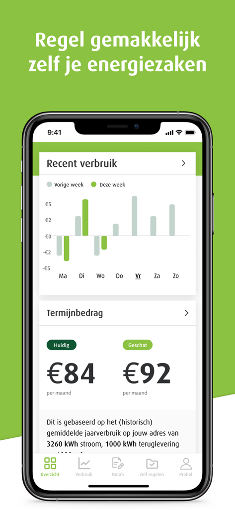 Greenchoice - Pantalla de resumen de la aplicación Greenchoice que muestra gráficos de consumo de energía y detalles de pagos mensuales