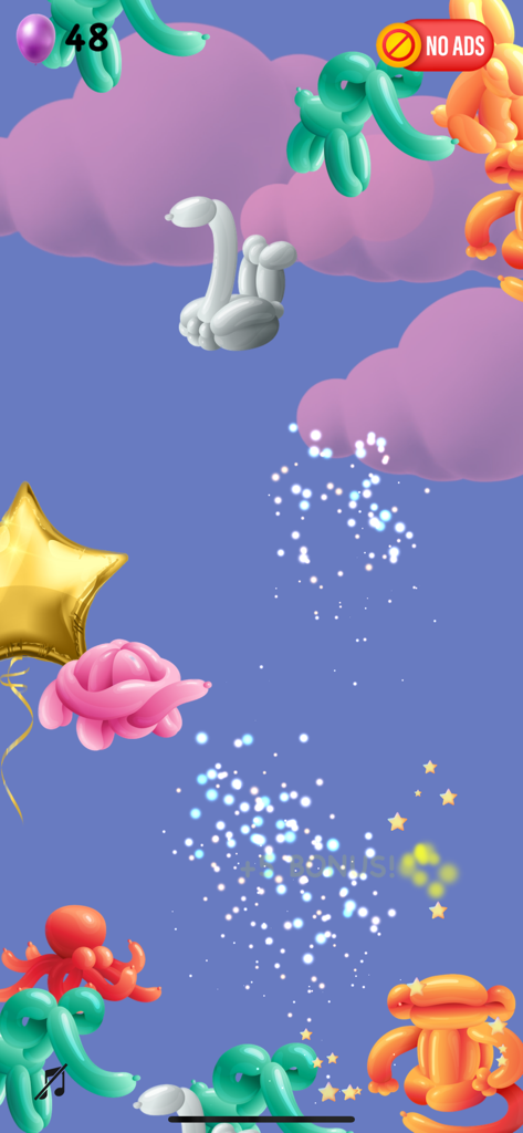 Balloon Pop · Baby Game - Colorful balloon animals floating in a purple cloud sky in the Balloon Pop baby game.