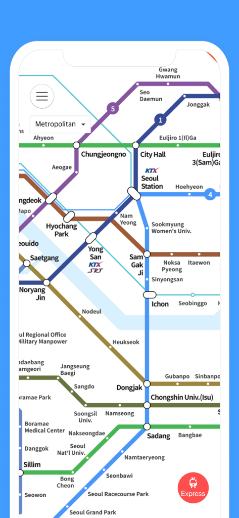Interface of the Korea Subway Map app showing the Seoul Metropolitan network in English