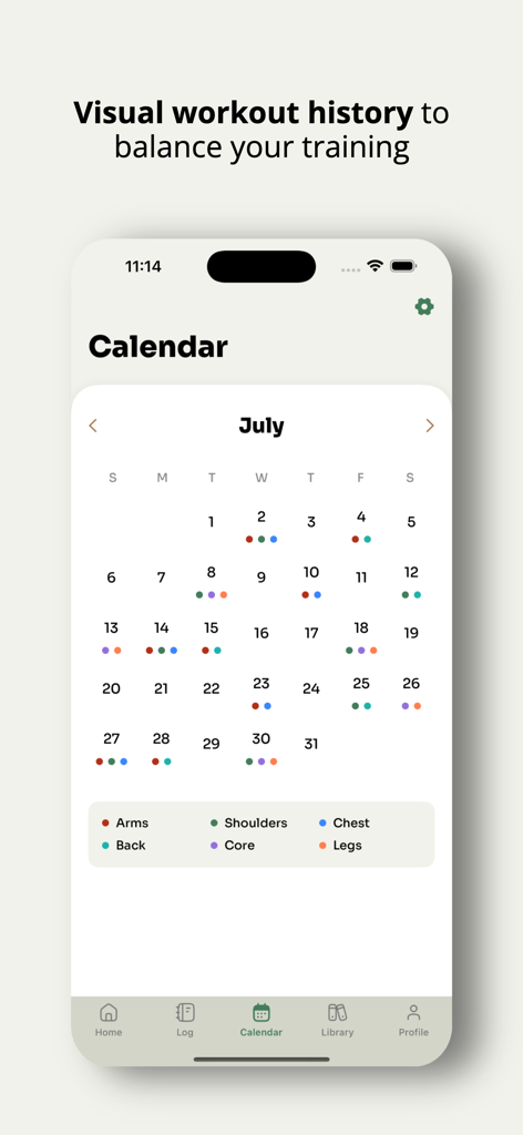 BooFit - Gym Workout Tracker - Monthly workout calendar showing color coded muscle group training history
