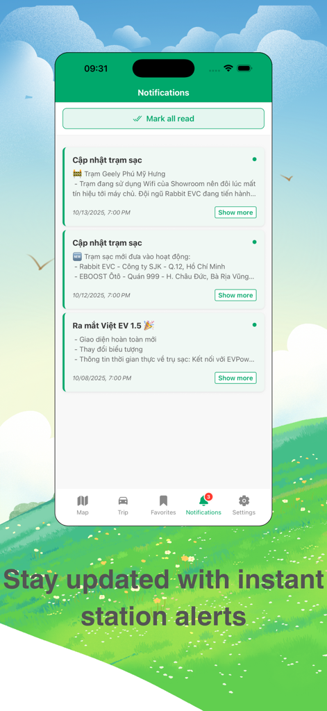 Việt EV - Vietnam EV app notification screen showing real time charging station updates and alerts