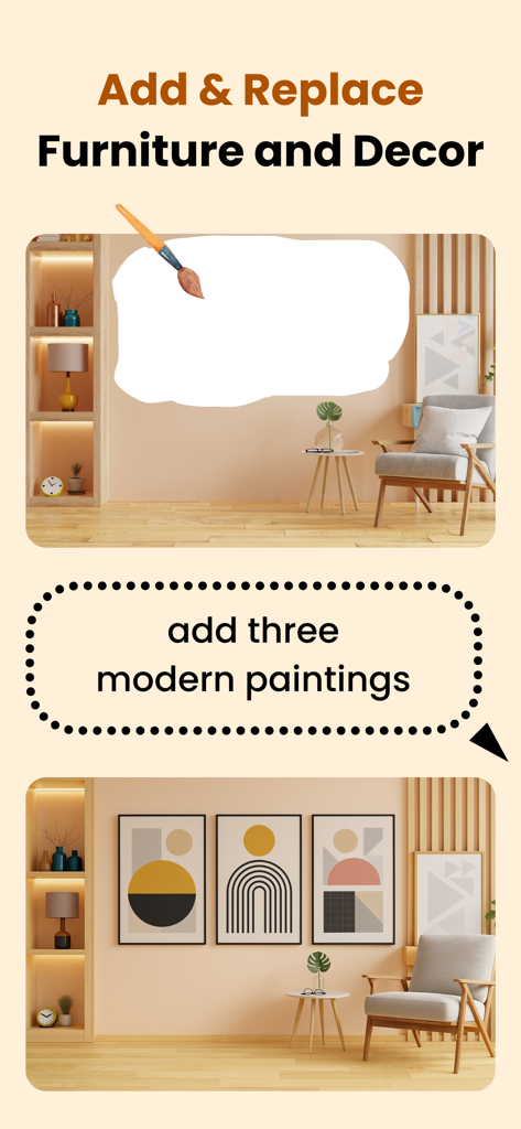 Arch AI Home Design & Interior - Interfaz de la aplicación Arch AI que demuestra la adición de pinturas modernas a la pared de una habitación con una indicación de texto